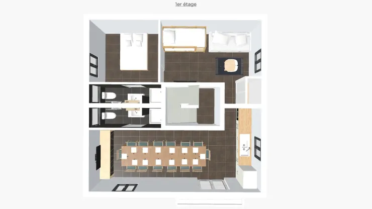 Au 1er étage, la cuisine séjour avec balcon, une chambre adulte et le dortoir des enfants.
