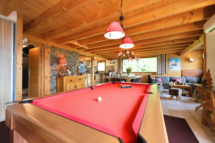Living room, lounge, dining table, kitchen and billiard table