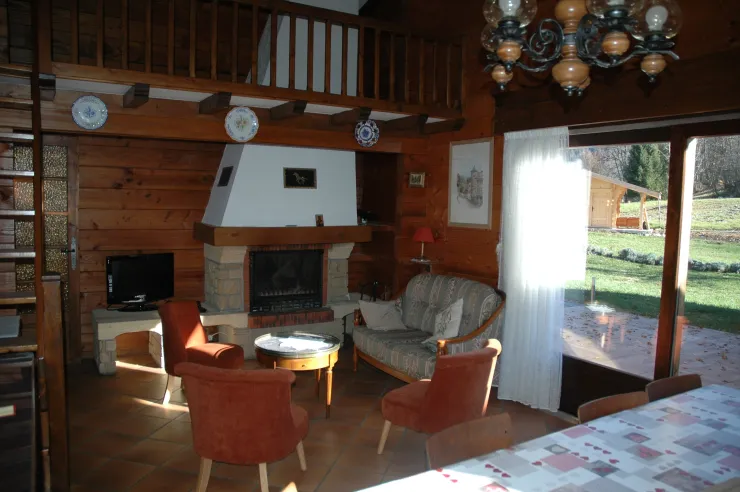 The living room and its fireplace