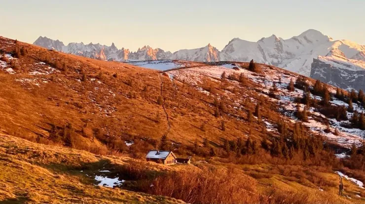 The alpine chalet with the Mont Blanc range in the background