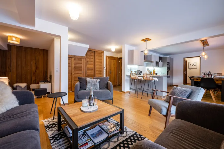 Salon, coin TV, cuisine ouverte