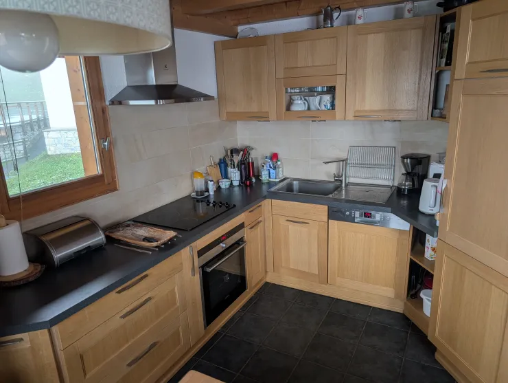 The kitchen equipped with a dishwasher, a fridge-freezer, a microwave