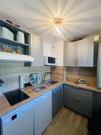 Cuisine fonctionnelle et très bien équipée : lave-vaisselle, frigo avec congélateur, four multifonction avec fonction air fryer, vaisselle soignée...
