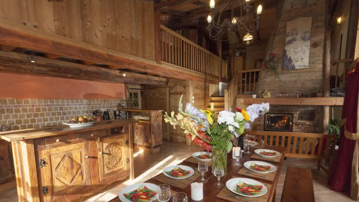 The living room, a large table , near the fireplace...