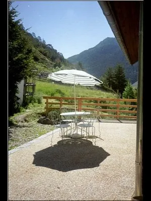 Terrasse plain pied arborée sur 2 côtés, à l'abri des regards indiscrets avec barbecue et chaises longues.