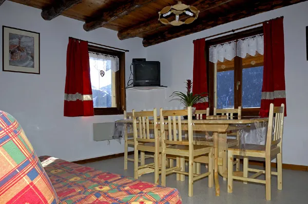 Séjour : l'appartement est meublé et décoré façon "montagne".Les poutres de tous les plafonds sont des arbres entiers.
