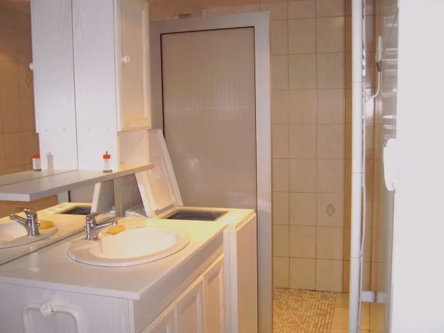 salle de bain avec une grande douche et un lavabo une machine à laver