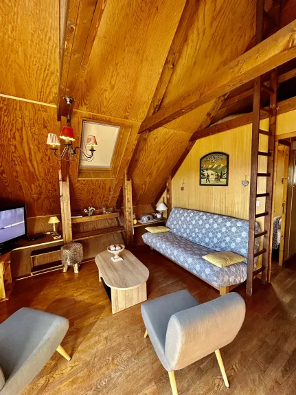 Coin salon avec clic clac ( couchage en 130) , table basse et échelle droite pour accès mezzanine. 
