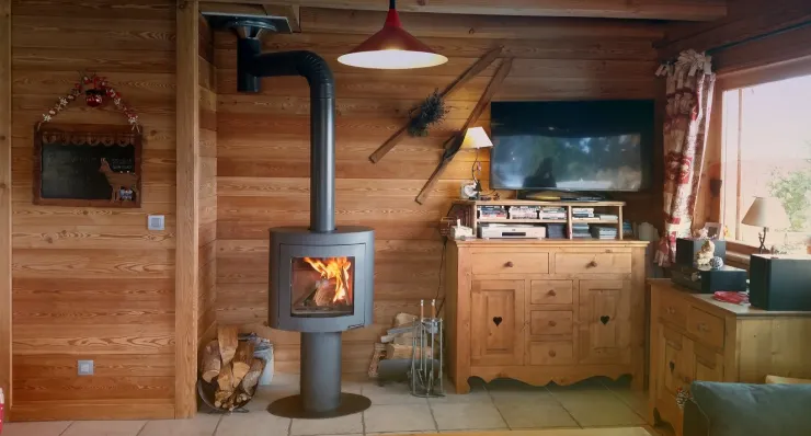 TV flat screen & DVD,  wood stove