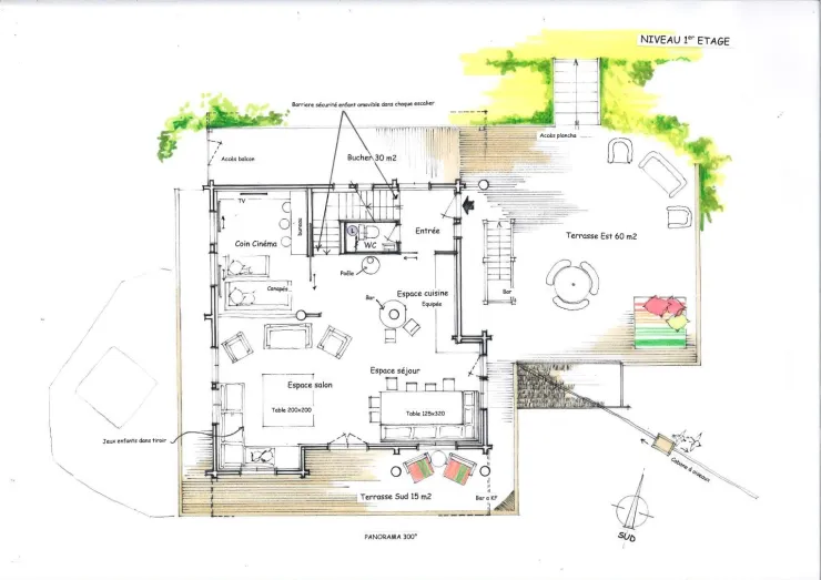 The floor plan shows the large 110-square-meter living area. On the same level are the wood shed and the wooden deck.