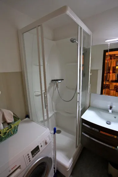 Salle de Douche avec cabine de douche, lavabo et machine à laver séchante. Les toilettes sont à part.