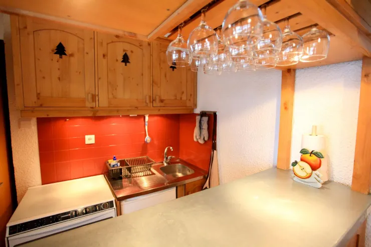 Cuisine équipée (four, lave-vaisselle, frigo, plaques de cuisson) et son bar à proximité immédiate.
