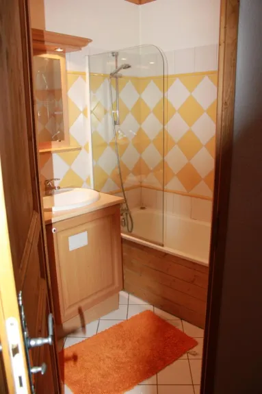 salle de bains, douche, baignoire avec étagère de rangement sur la gauche, sèche cheveux - sanitaire indépendant