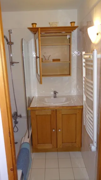 Salle de bain:baignoire avec écran de douche