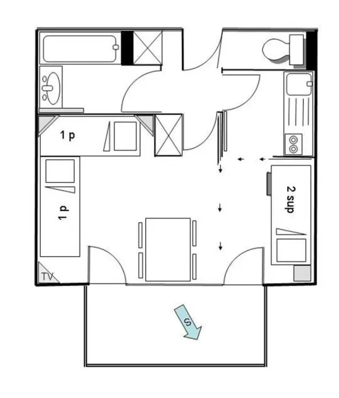 The map of the studio with separate toilet, room divider and southwest balcony