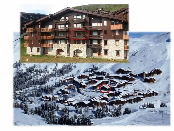 At the second floor (in red) of a quiet "large chalet" type residence “Croix du Sud” (in red - summer view), at the heart of the family-friendly and pedestrian ski resort “Belle Plagne"