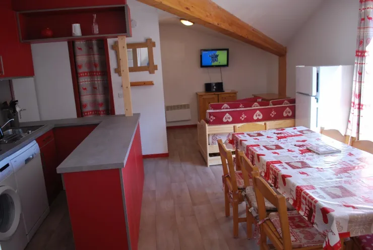 Vue générale de  la pièce à vivre avec coin cuisine et coin télévision
