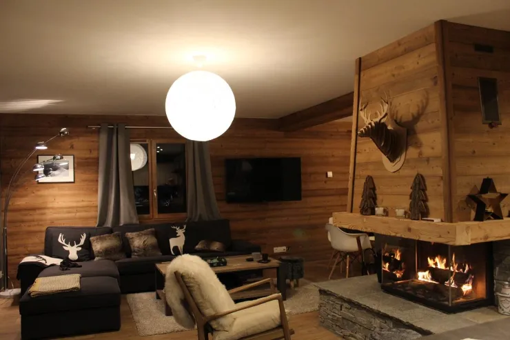 living room and fireplace view from kitchen