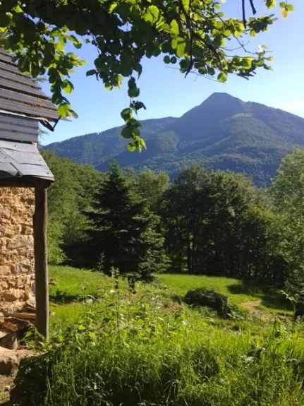 Vue depuis la terrasse sur le pic du Cagire, en été.