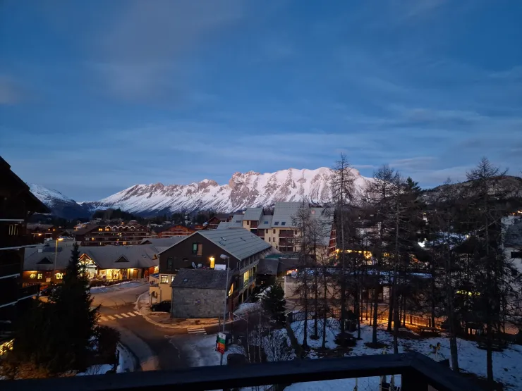 VIEW FROM THE BALCONY OF THE LIVING ROOM ON THE RESORT OF  JOUE DU LOUP AND THE DEVOLUY MOUNTAINS
