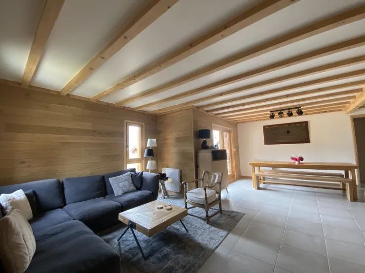 Pièce de vie Salon / Salle a manger avec canapé, TV et coin cheminée